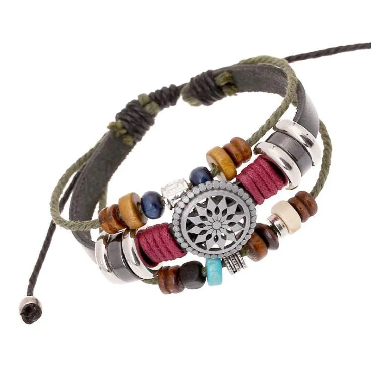 European and American foreign Trade New Personality Retro Turquoise Sunflower Multi-layer Punk Handmade Leather Braided Bracelet Wholesale