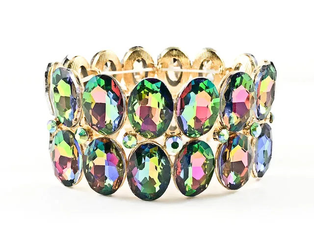 Fancy 2 Row Oval Shape Mystic Topaz Color Stones Stretch Fashion Bracelet