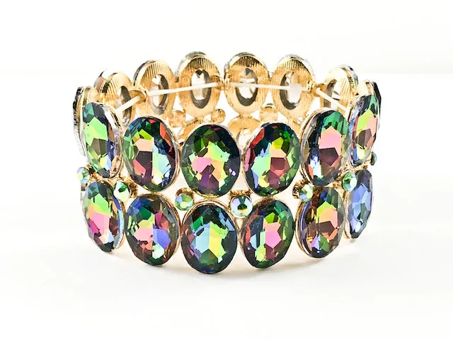 Fancy 2 Row Oval Shape Mystic Topaz Color Stones Stretch Fashion Bracelet