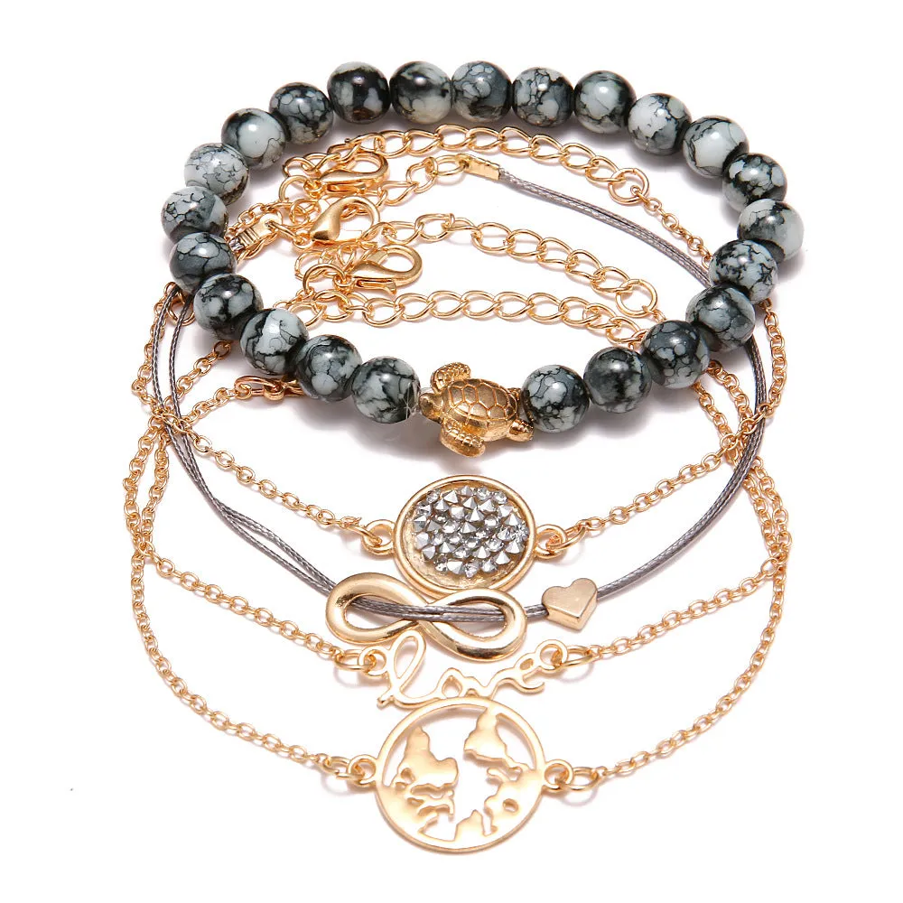 Five-Piece Trendy Tortoise, World Map, Peach & Heart Bracelet Set