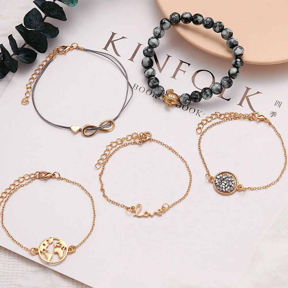 Five-Piece Trendy Tortoise, World Map, Peach & Heart Bracelet Set