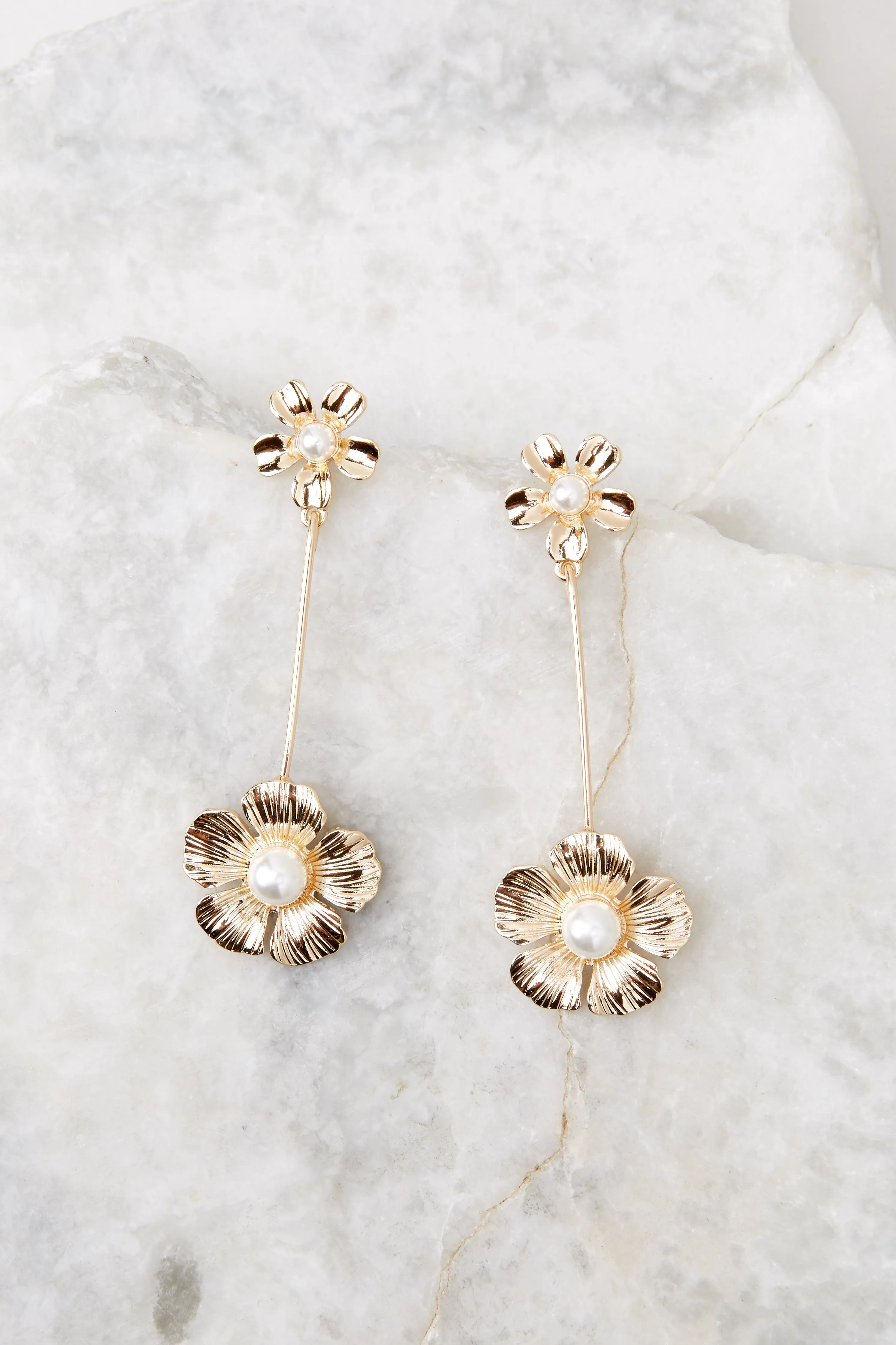 Floral Drop Gold Pearl Earrings