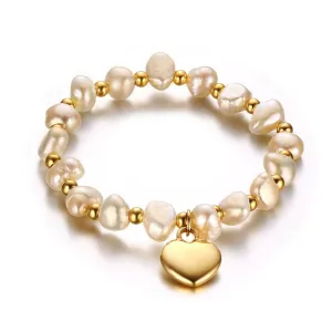 Freshwater Pearl and Titanium Steel Ball Accents Bracelet with Heart Pendant