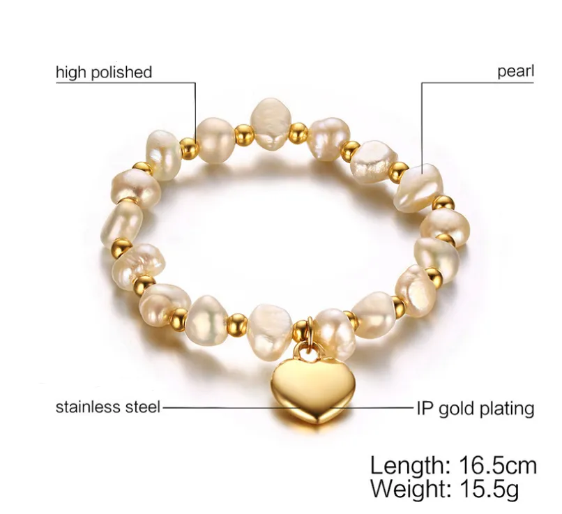 Freshwater Pearl and Titanium Steel Ball Accents Bracelet with Heart Pendant