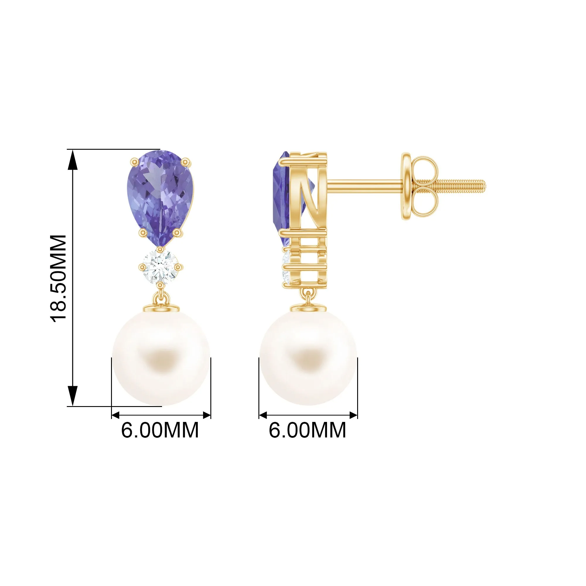 Freshwater Pearl Drop Earrings with Tanzanite