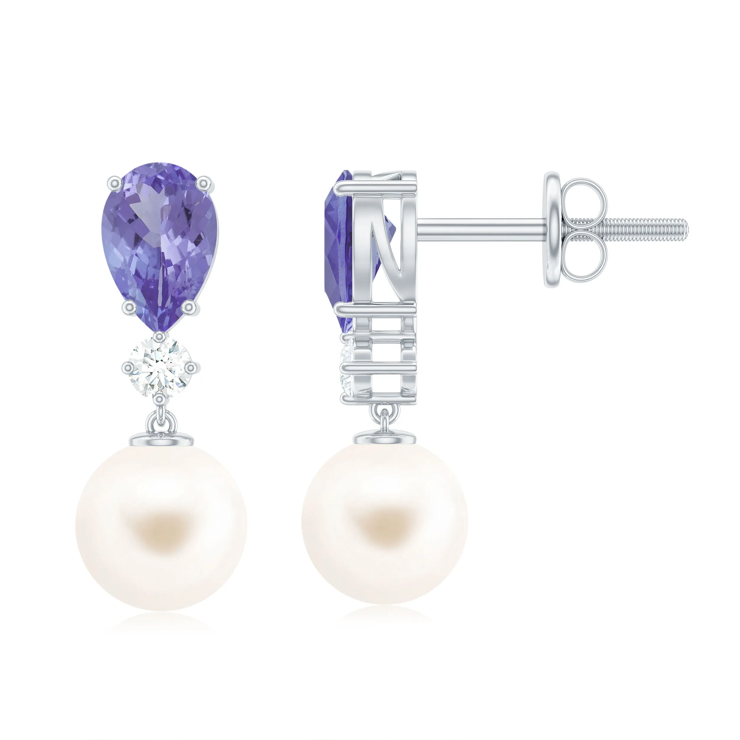 Freshwater Pearl Drop Earrings with Tanzanite