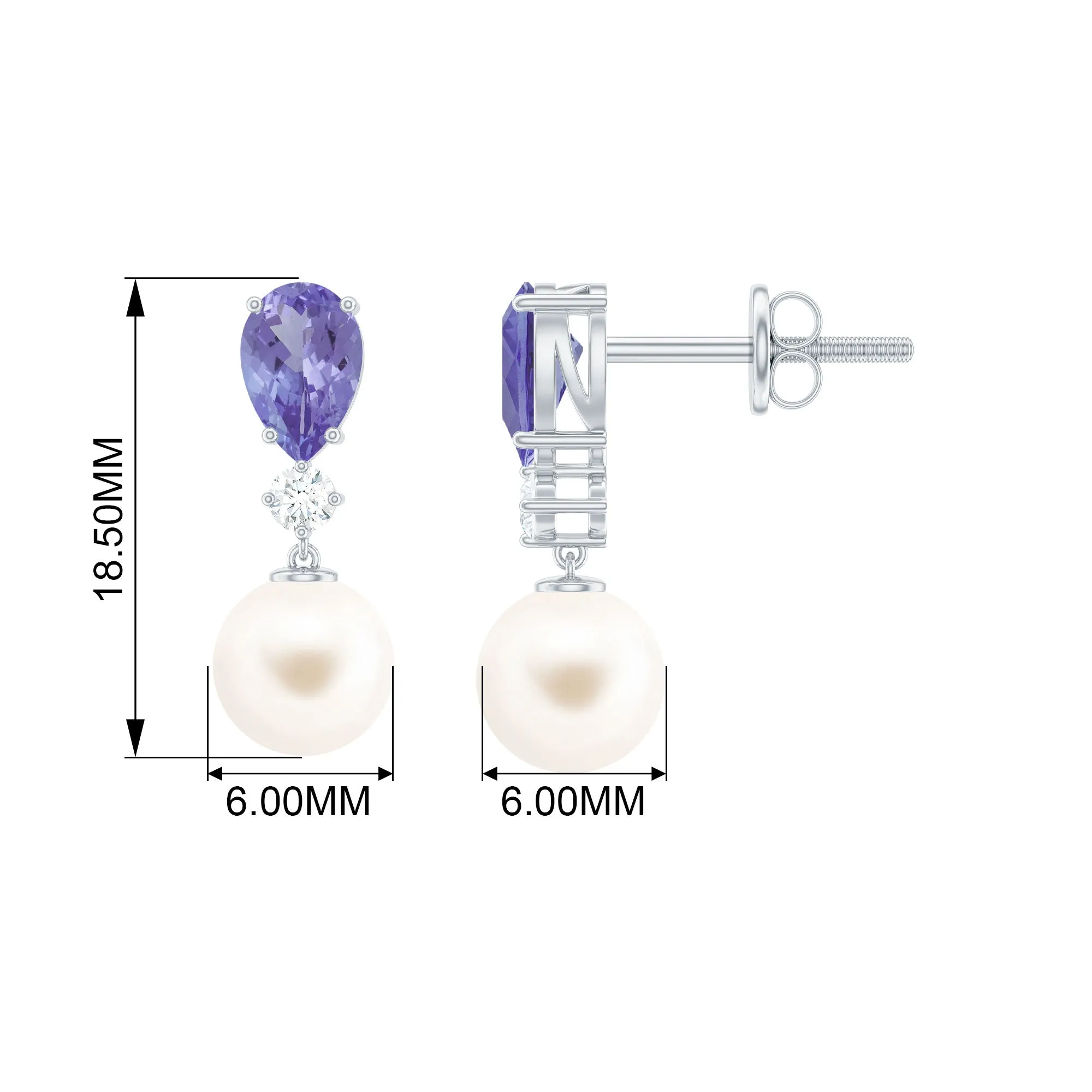 Freshwater Pearl Drop Earrings with Tanzanite