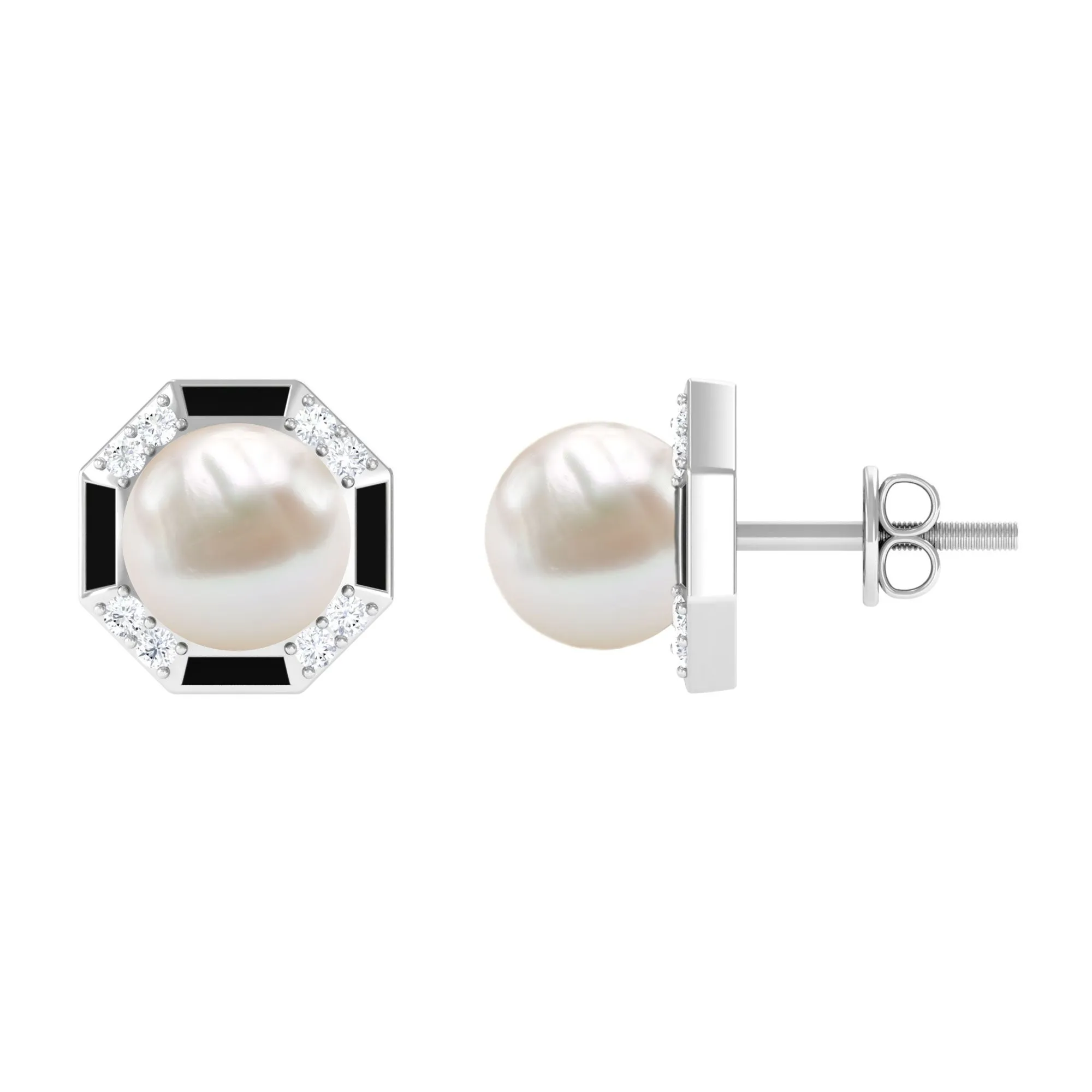 Freshwater Pearl Solitaire Octagon Shape Stud Earrings with Black Enamel