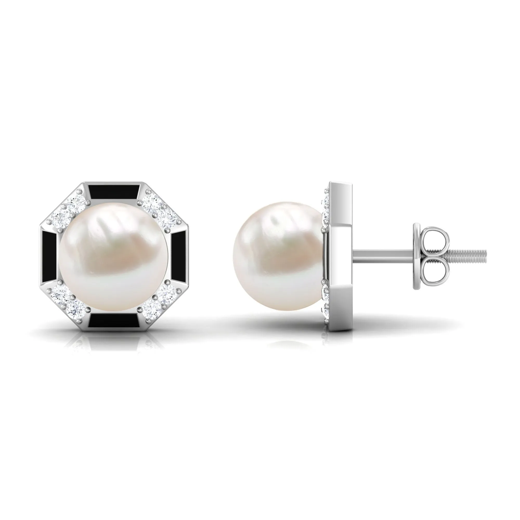 Freshwater Pearl Solitaire Octagon Shape Stud Earrings with Black Enamel