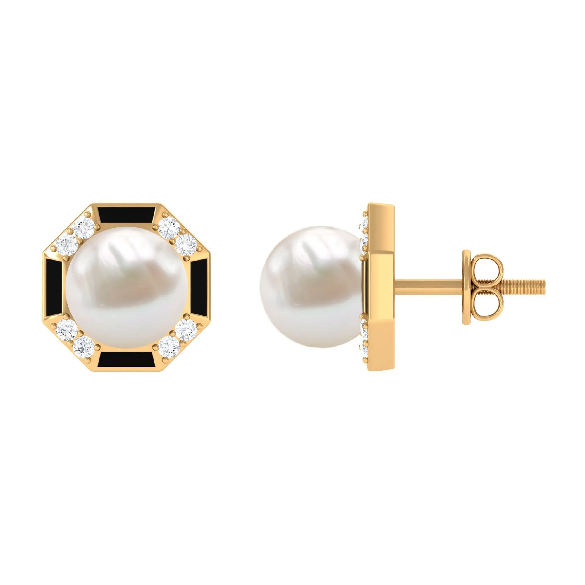 Freshwater Pearl Solitaire Octagon Shape Stud Earrings with Black Enamel