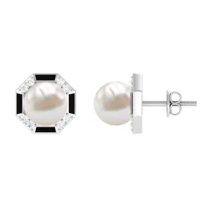 Freshwater Pearl Solitaire Octagon Shape Stud Earrings with Black Enamel