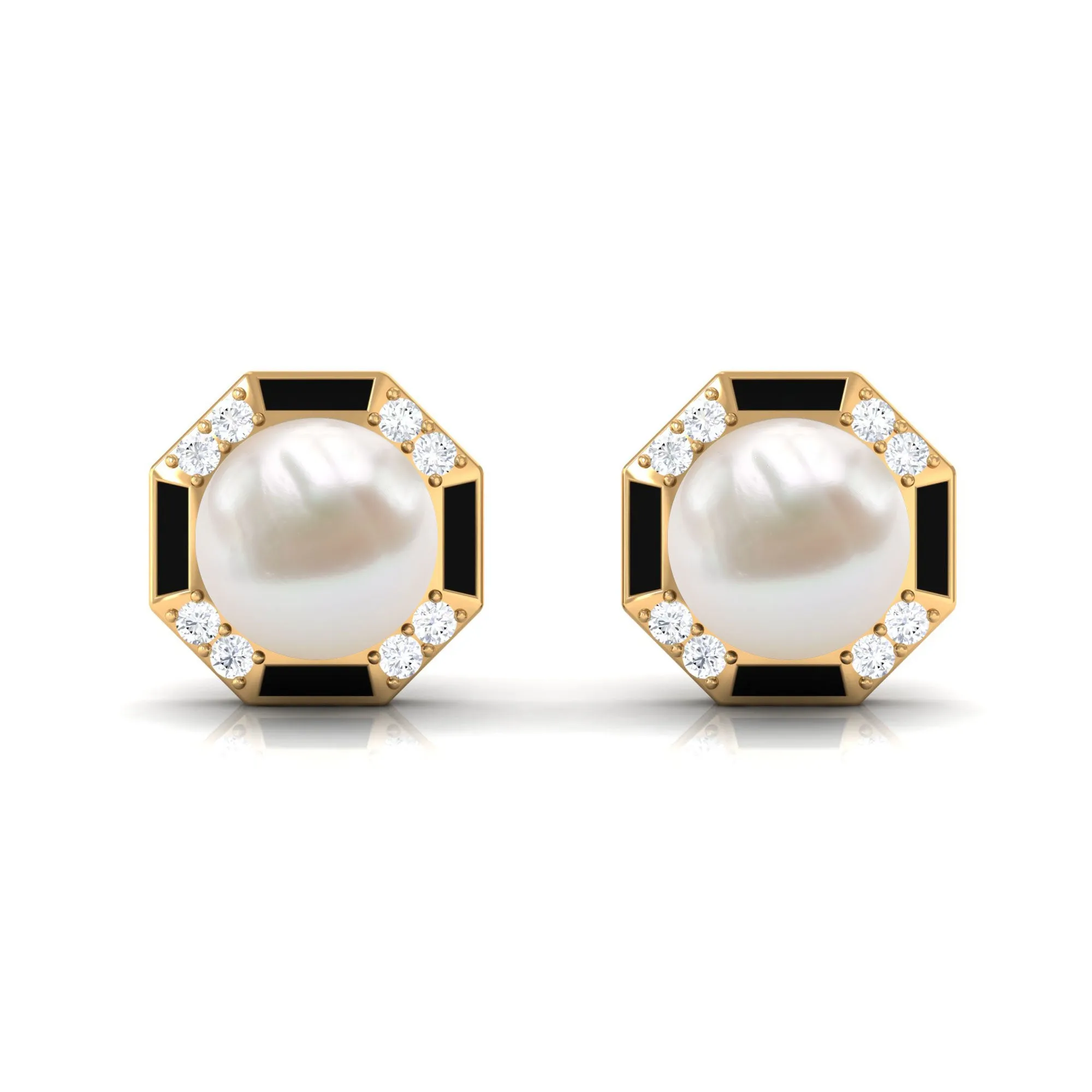 Freshwater Pearl Solitaire Octagon Shape Stud Earrings with Black Enamel