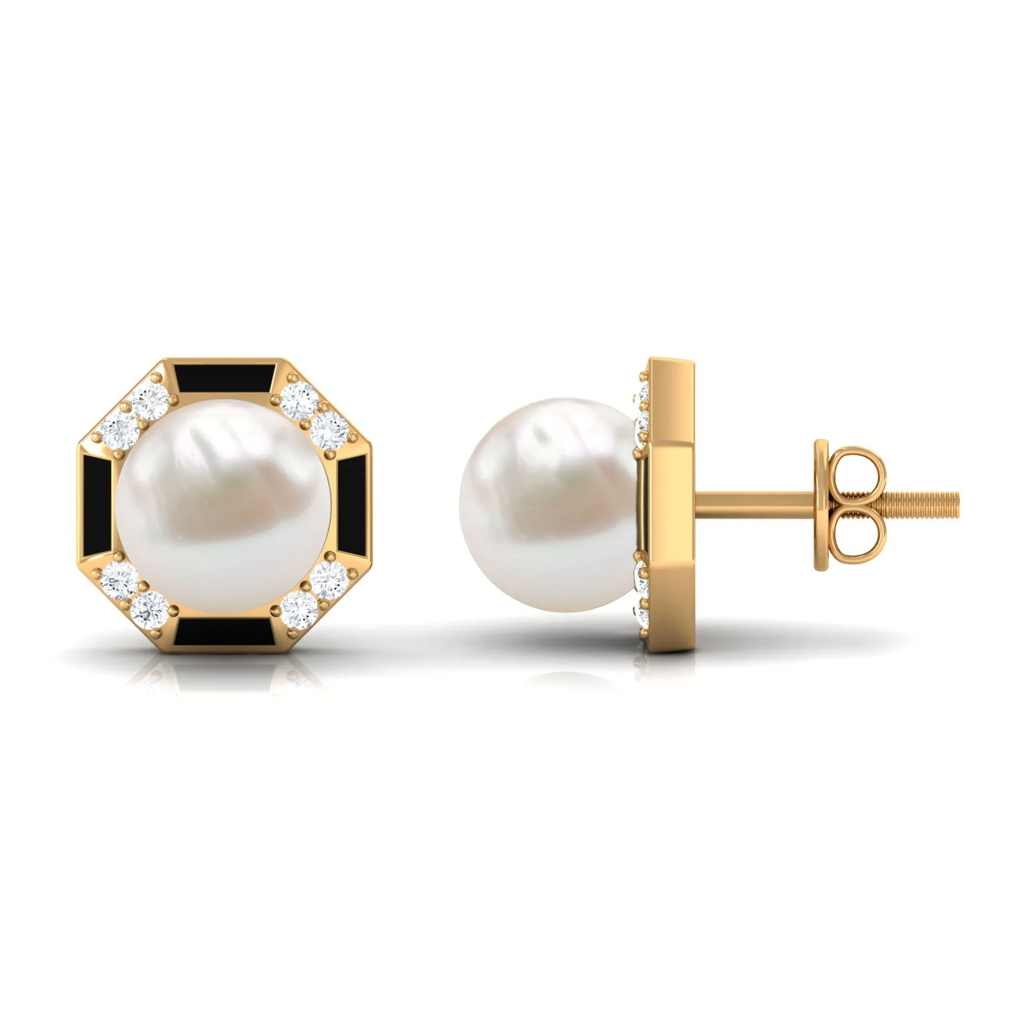 Freshwater Pearl Solitaire Octagon Shape Stud Earrings with Black Enamel