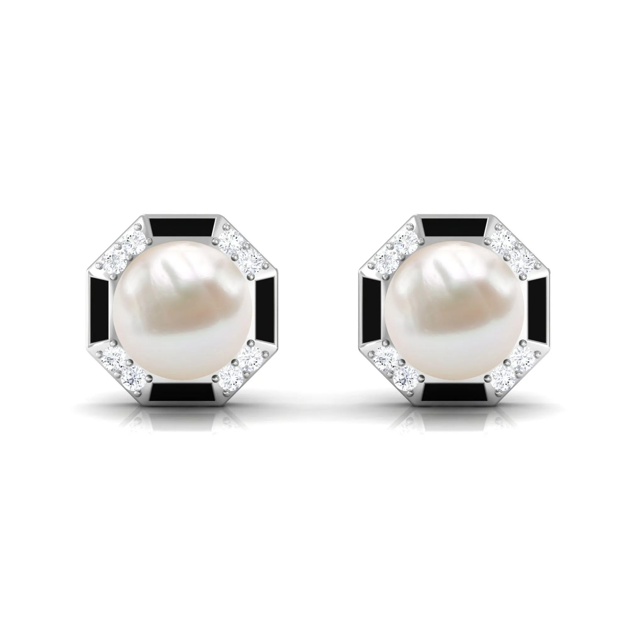 Freshwater Pearl Solitaire Octagon Shape Stud Earrings with Black Enamel