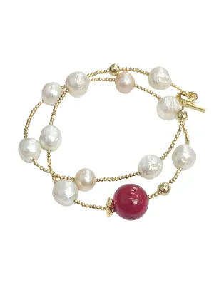 Freshwater Pearls Red Coral Double Wrapped Bracelet CB002