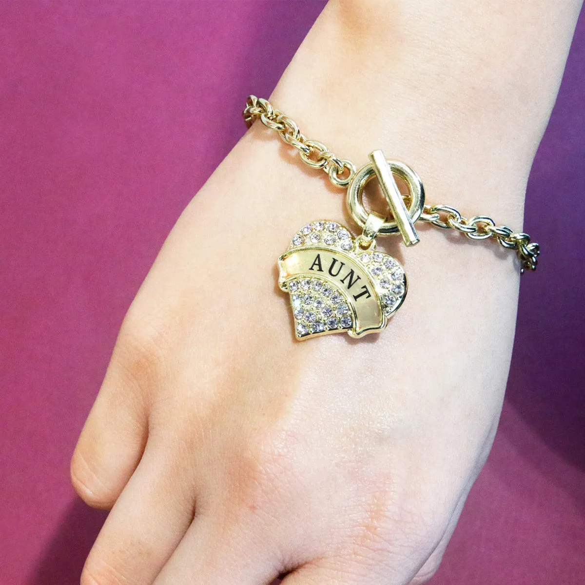 Gold Aunt Pave Heart Charm Toggle Bracelet