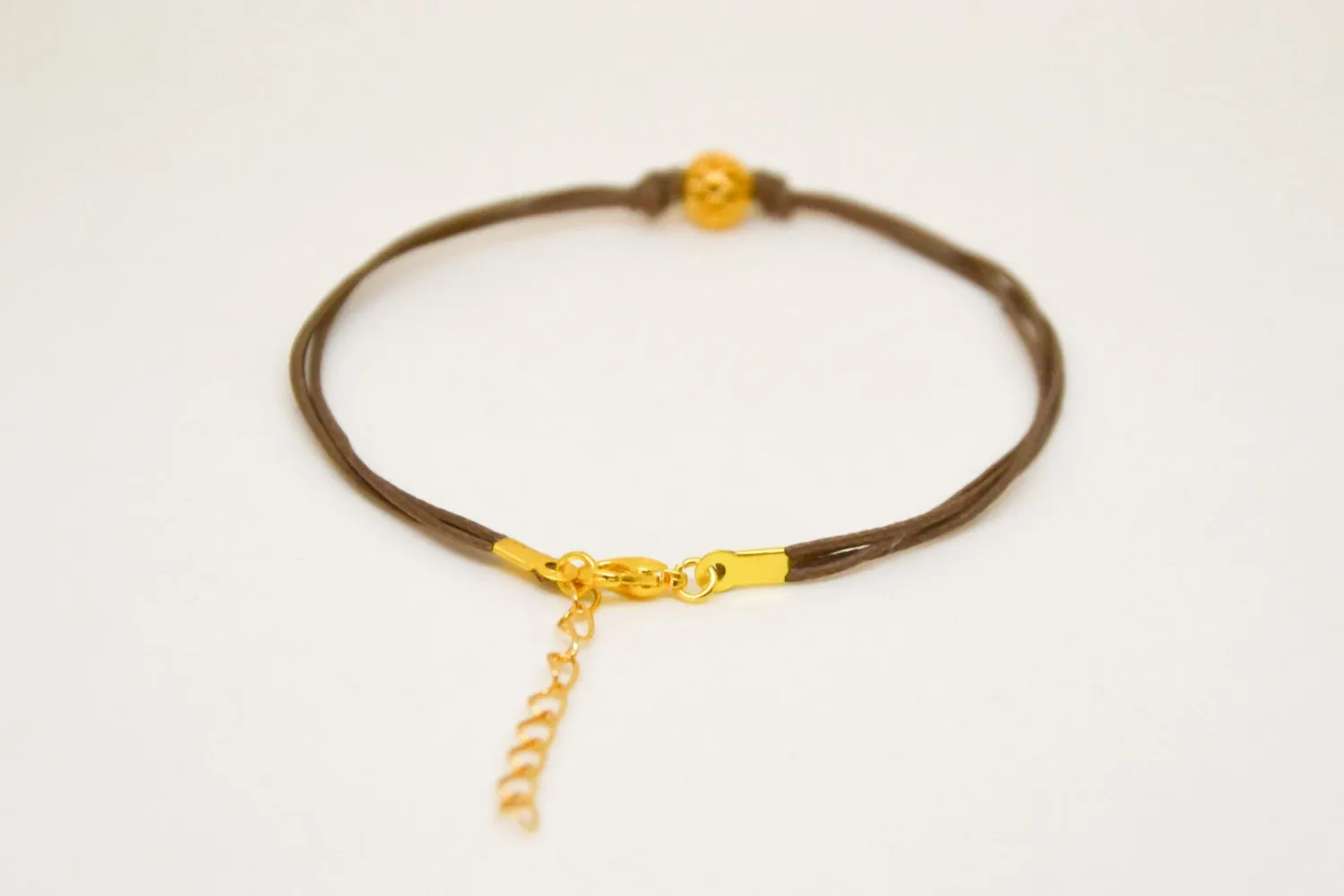 Gold ball bracelet, brown cord, adjustable, handmade