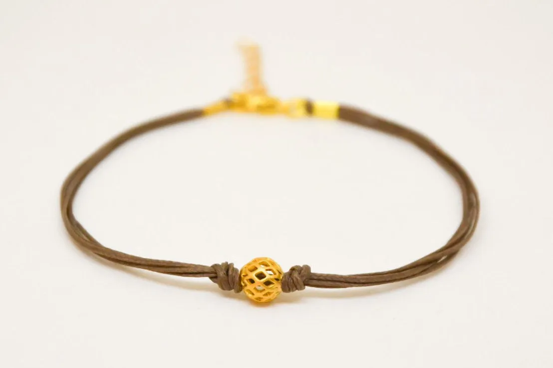 Gold ball bracelet, brown cord, adjustable, handmade