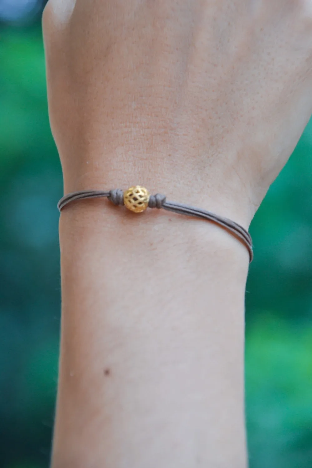 Gold ball bracelet, brown cord, adjustable, handmade