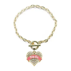 Gold Coral Big Sister Pave Heart Charm Toggle Bracelet