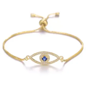 Gold CZ Evil Eye Pull Tie Adjustable Bracelet