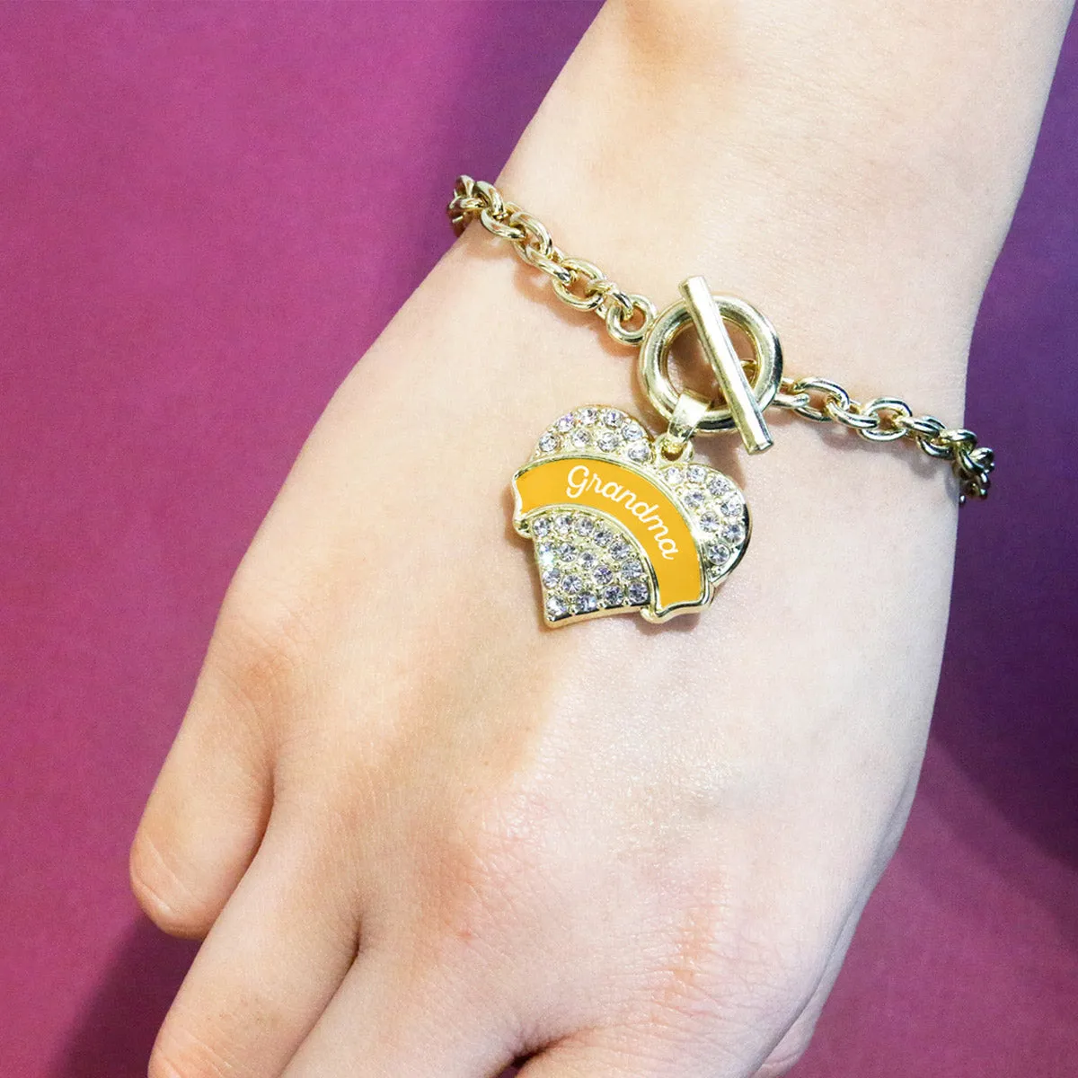 Gold Marigold Grandma Pave Heart Charm Toggle Bracelet