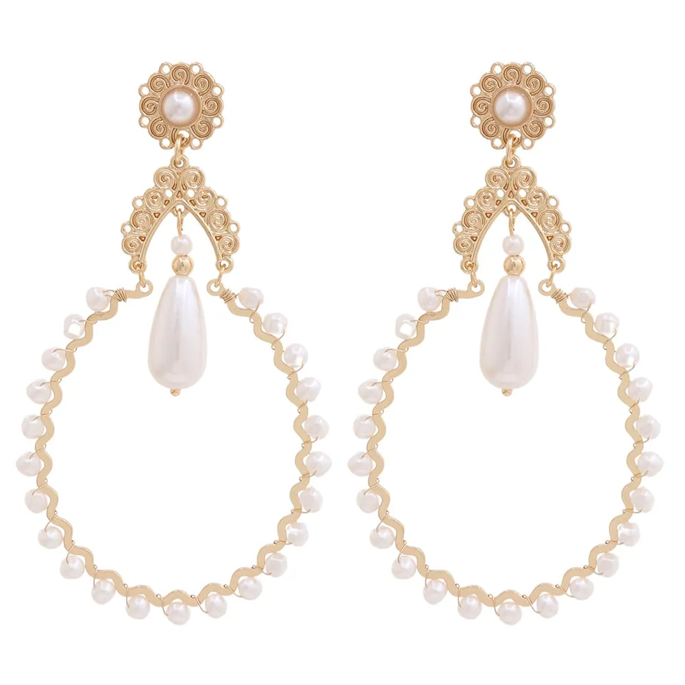 Gold Pearl Beaded Drop Statement Earring