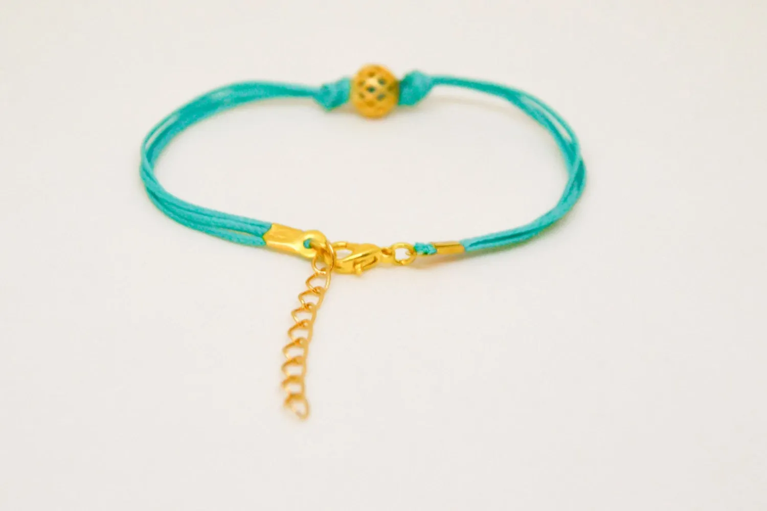 Gold plated bead bracelet, turquoise cord, gift for her