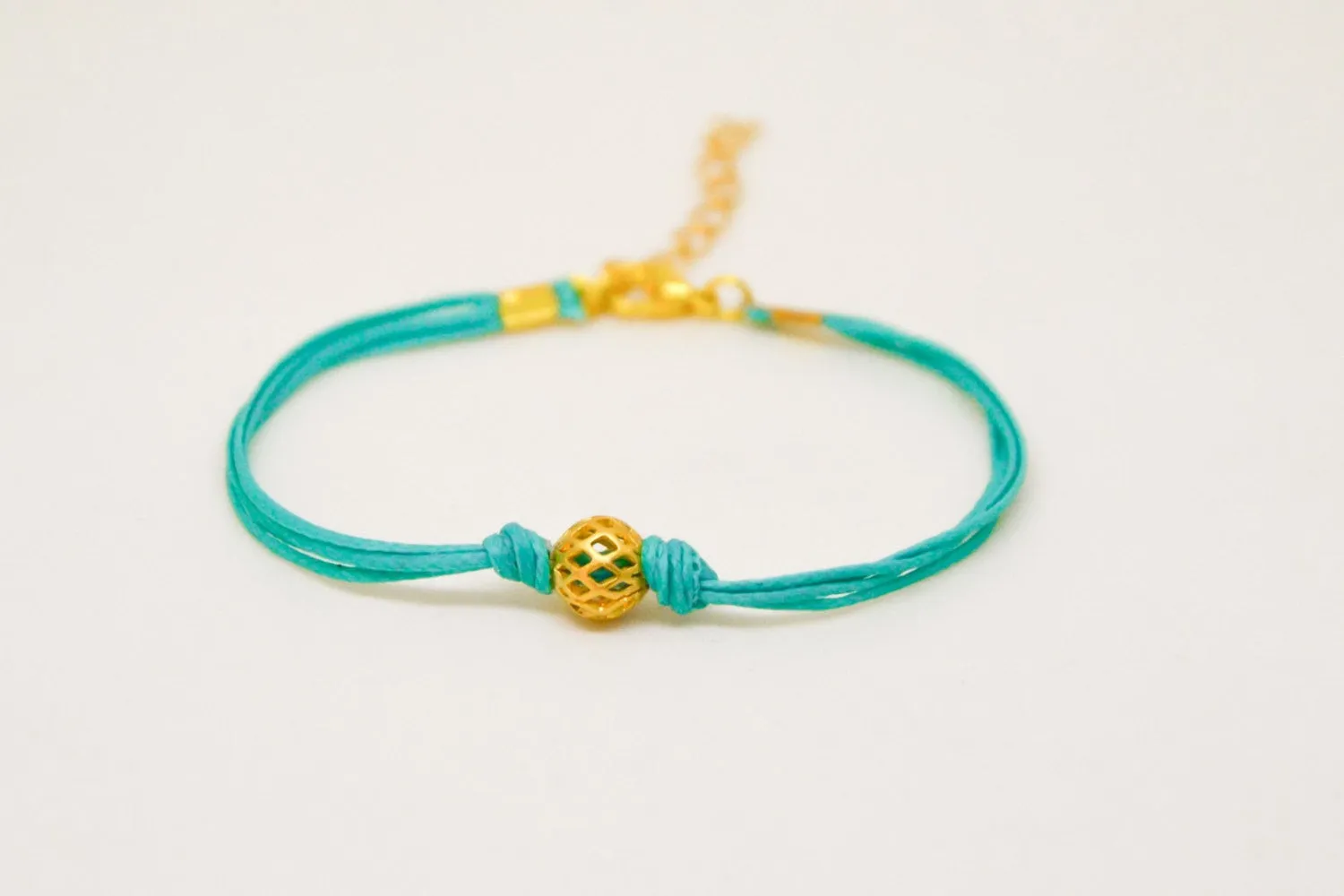 Gold plated bead bracelet, turquoise cord, gift for her