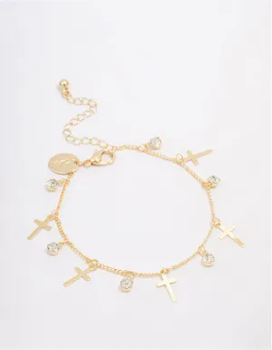 Gold Plated Diamante Cross Drop Bracelet