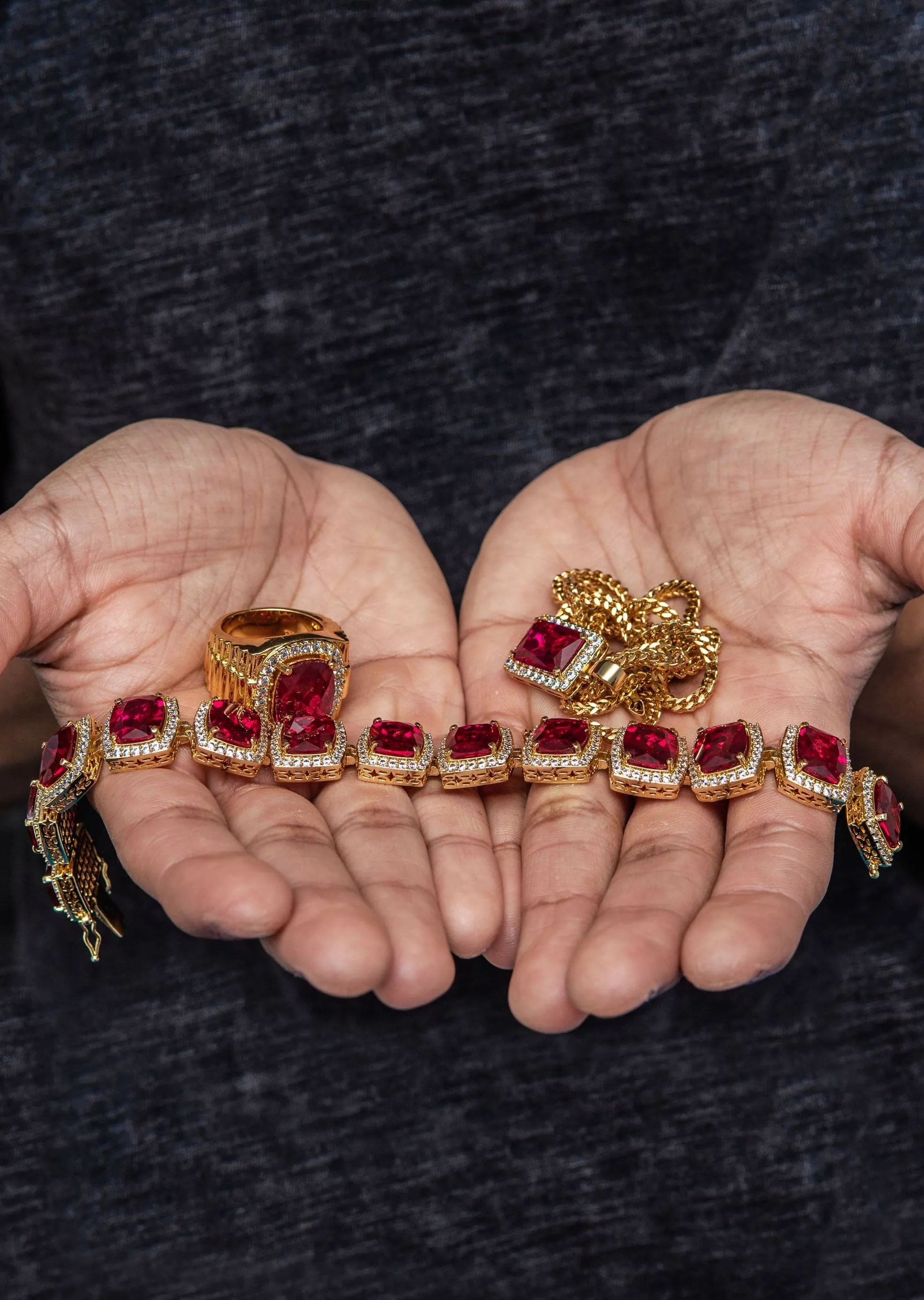 Gold Plated Ruby Chain & Bracelet & Ring