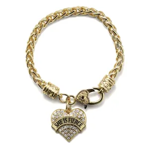 Gold She is Fierce Pave Heart Charm Braided Bracelet