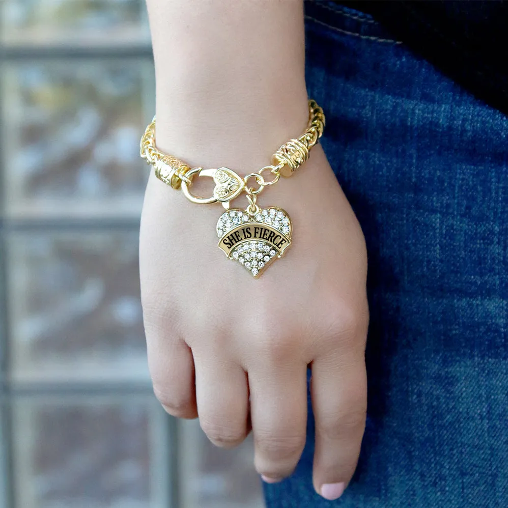 Gold She is Fierce Pave Heart Charm Braided Bracelet