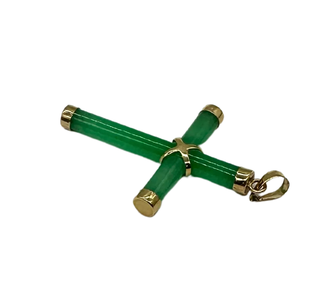 Green Jade Cross with 14K Yellow Gold