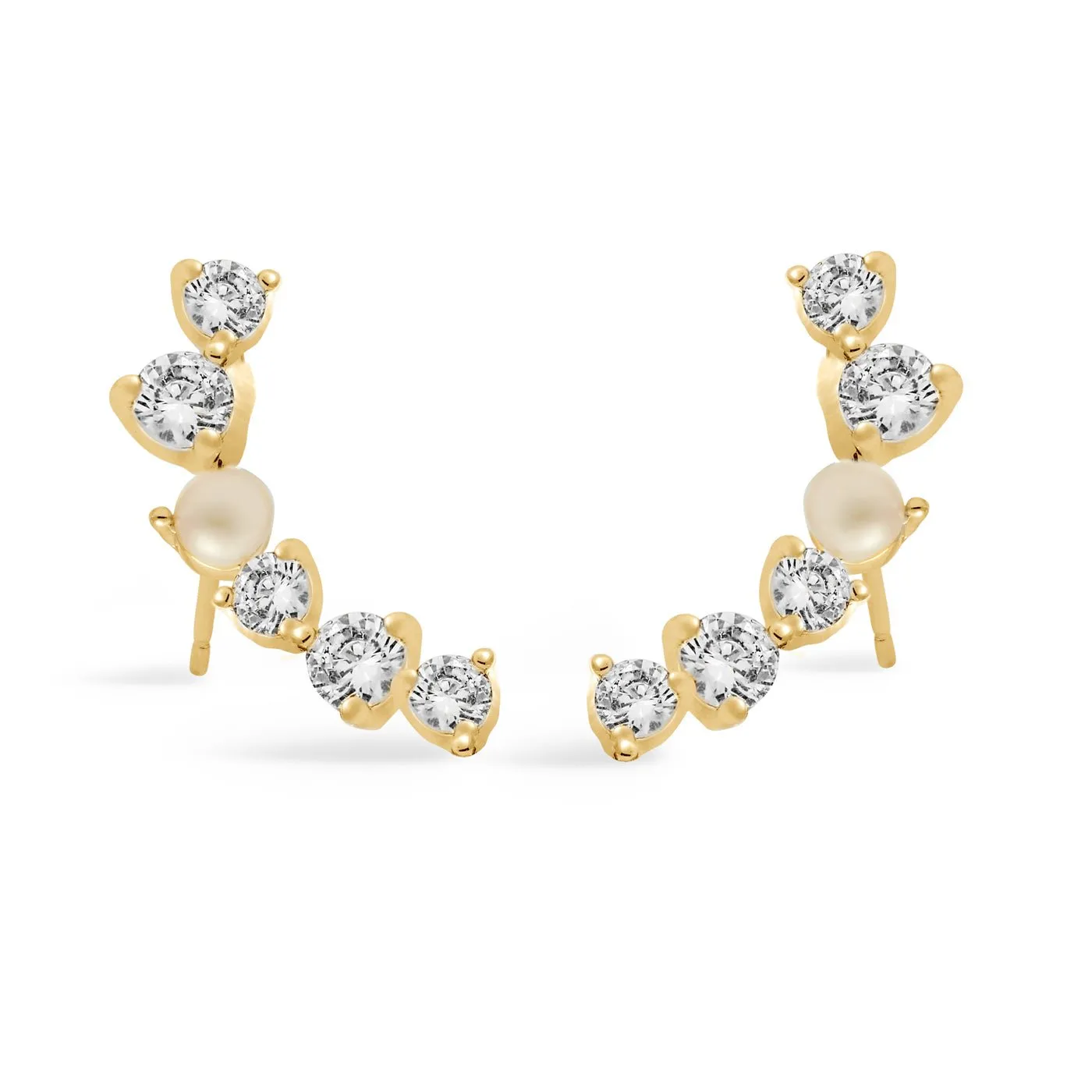 Halo Pearl Cubic Zirconia & Pearl Crawler Gold Plated Earrings 8111