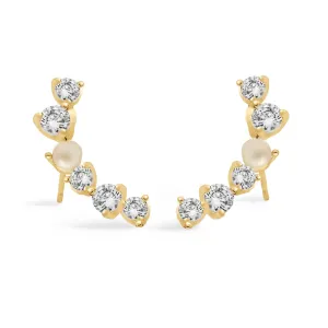 Halo Pearl Cubic Zirconia & Pearl Crawler Gold Plated Earrings 8111