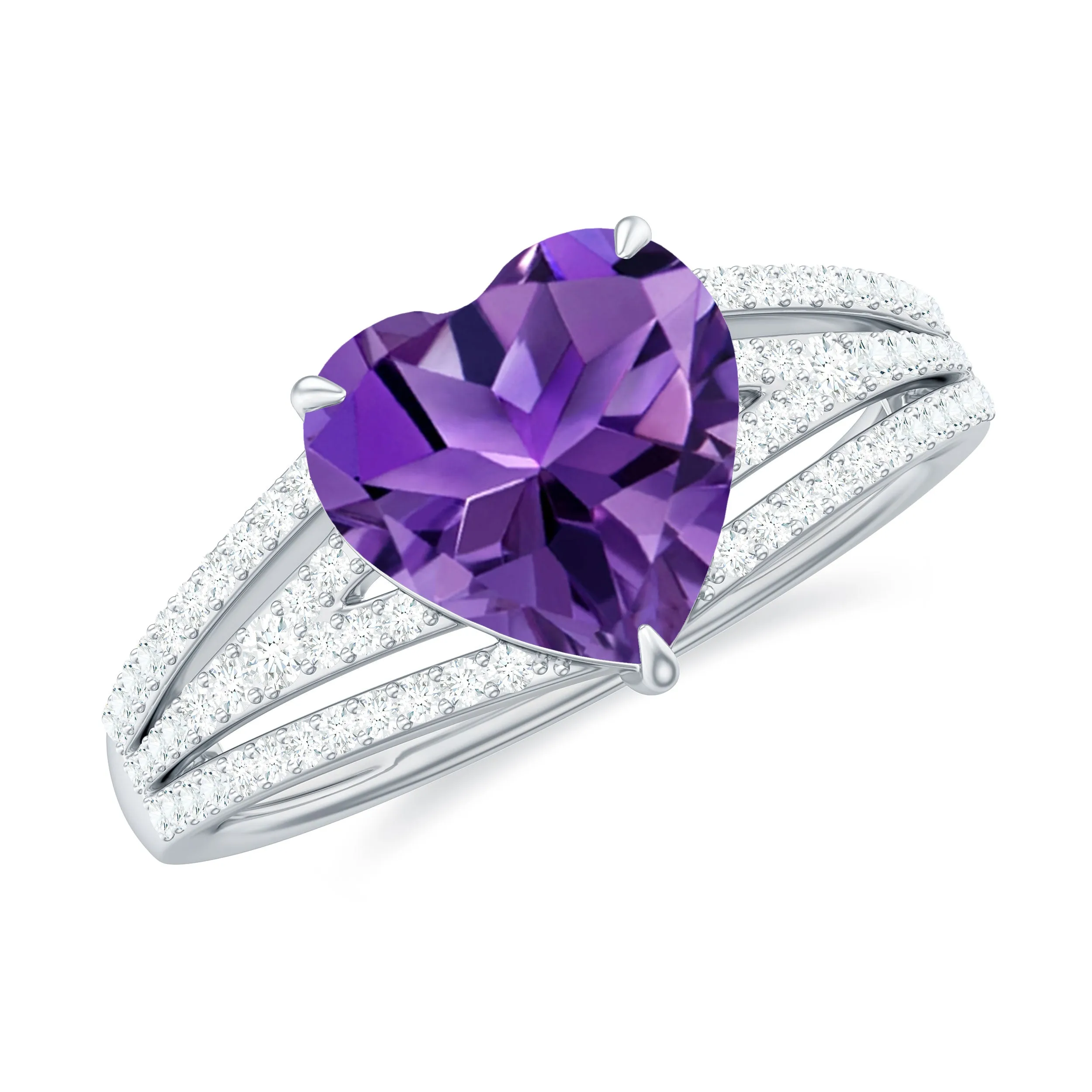 Heart Shape Solitaire Amethyst Designer Engagement Ring with Diamond