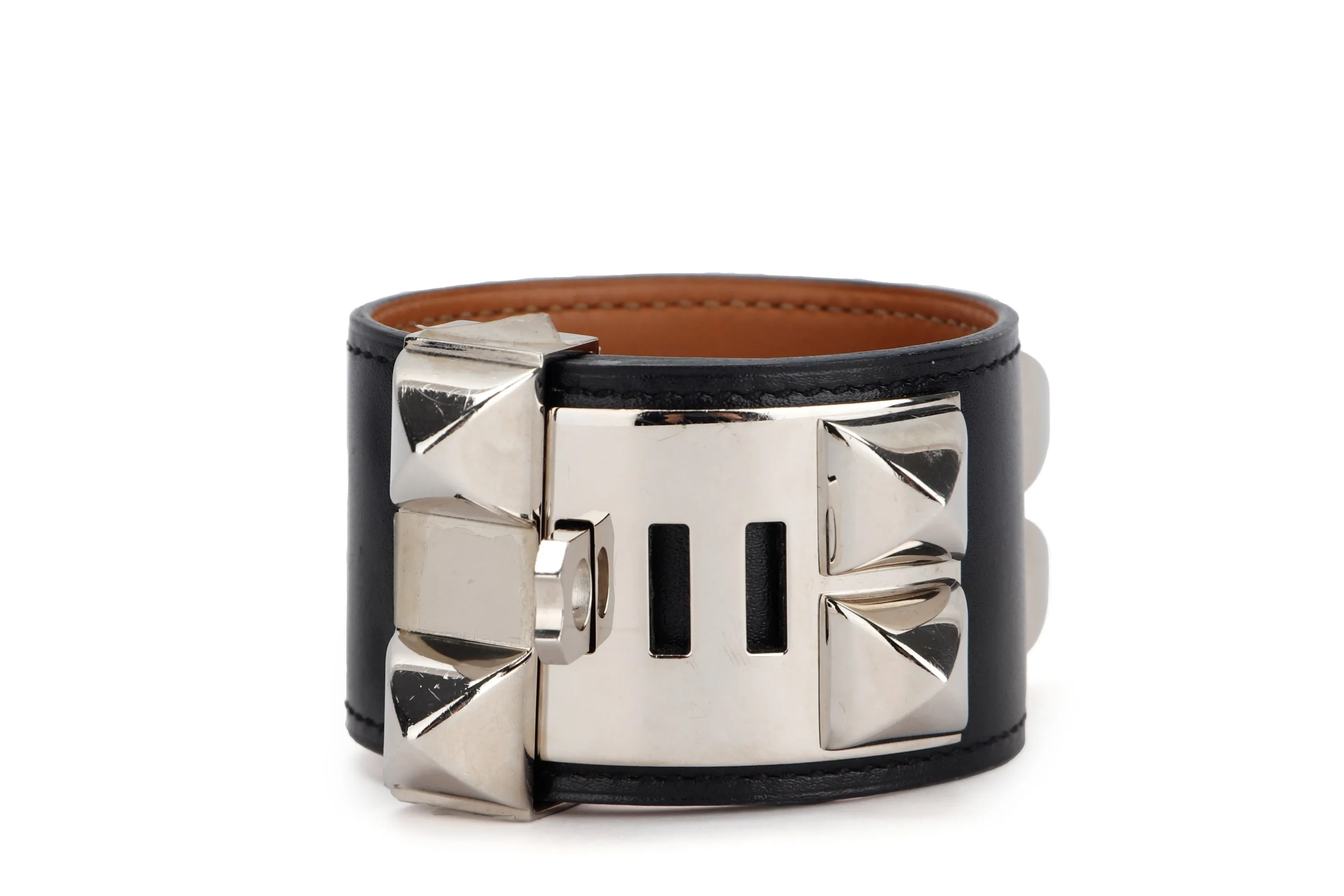 Hermes CDC Bracelet Black Color, Box Leather, Silver Hardware, Stamp R, S Size, with Dust Cover & Box