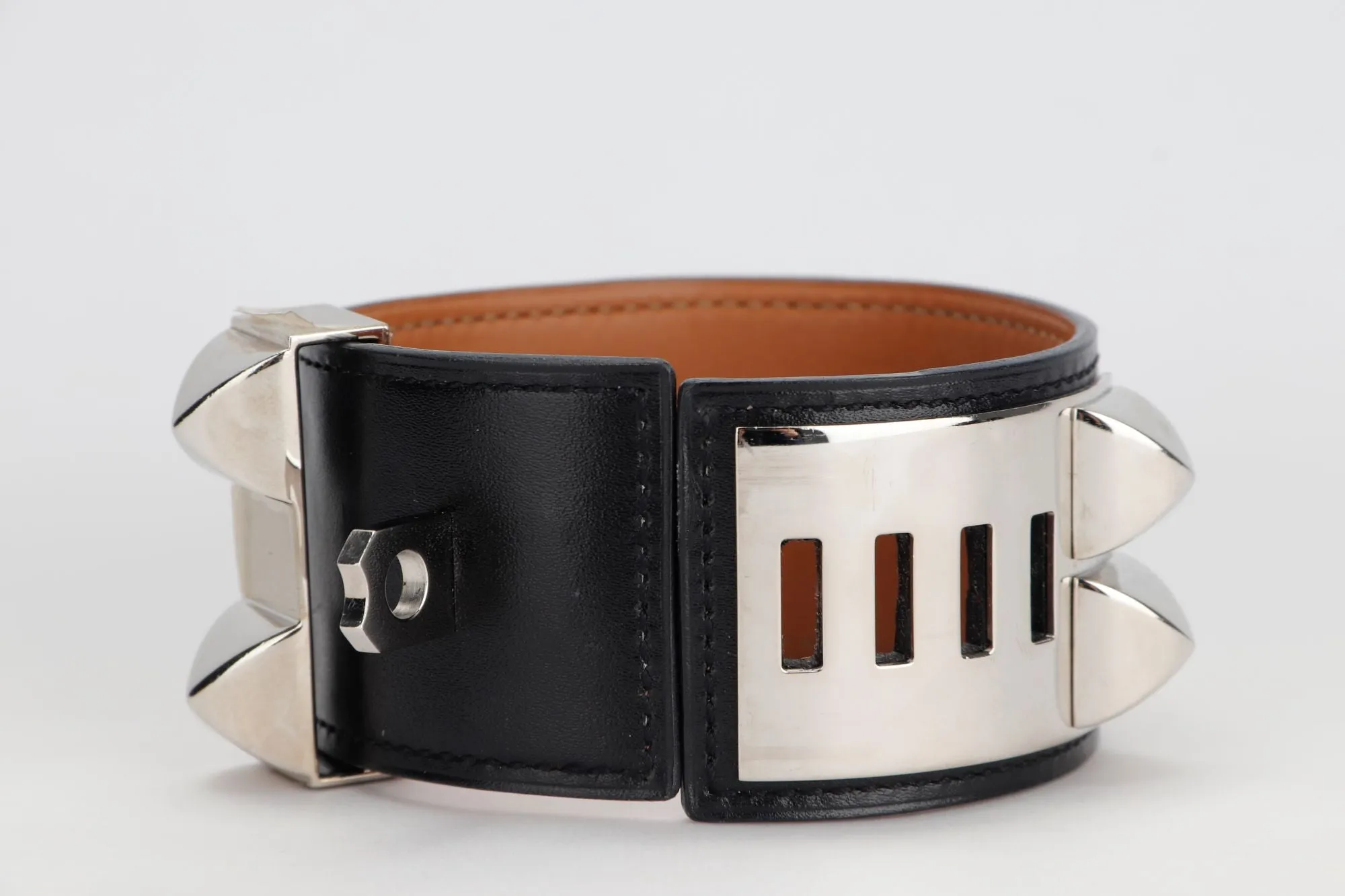 Hermes CDC Bracelet Black Color, Box Leather, Silver Hardware, Stamp R, S Size, with Dust Cover & Box