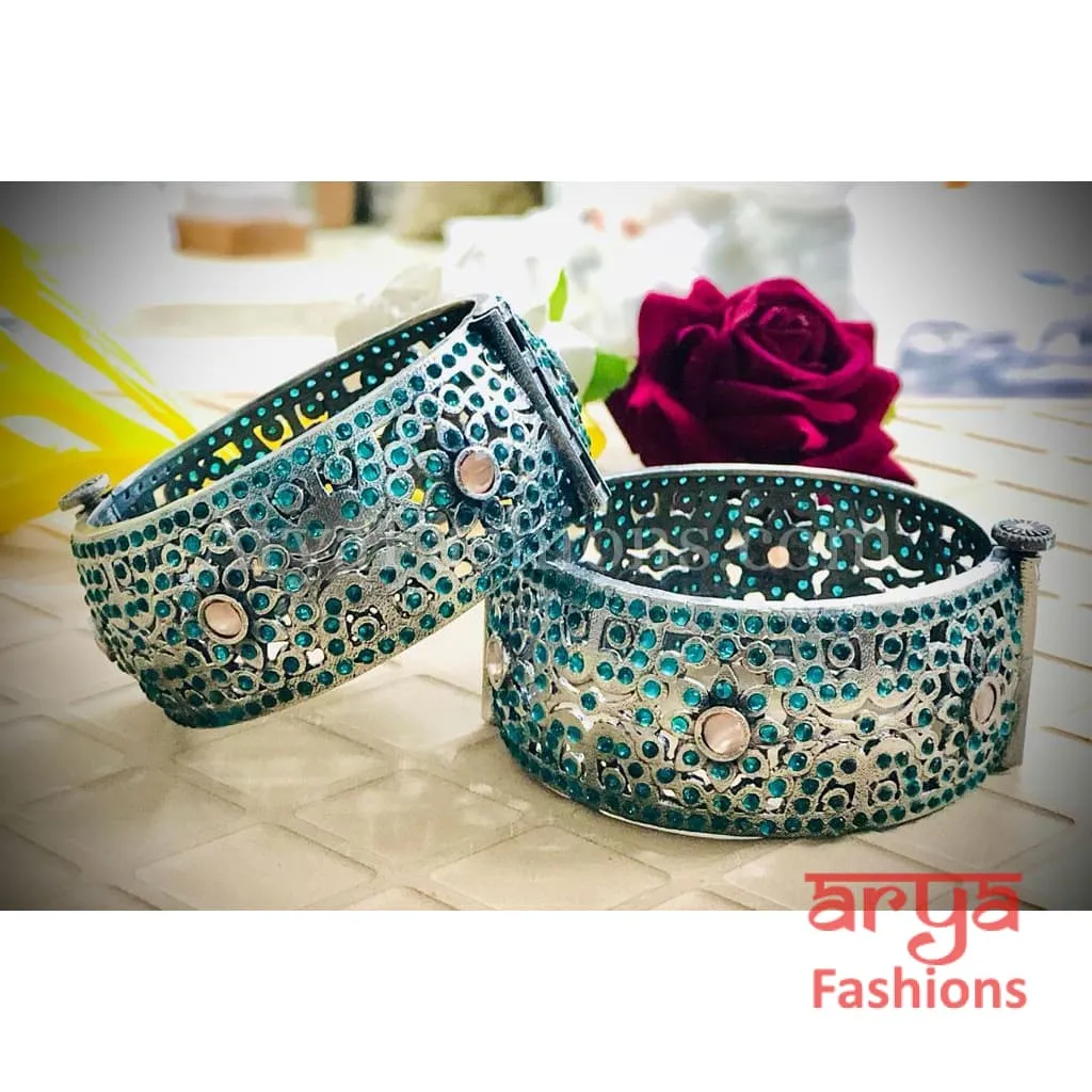 Jaipuri Jadau Tribal Silver Oxidized Bracelet Bangles with colored stones