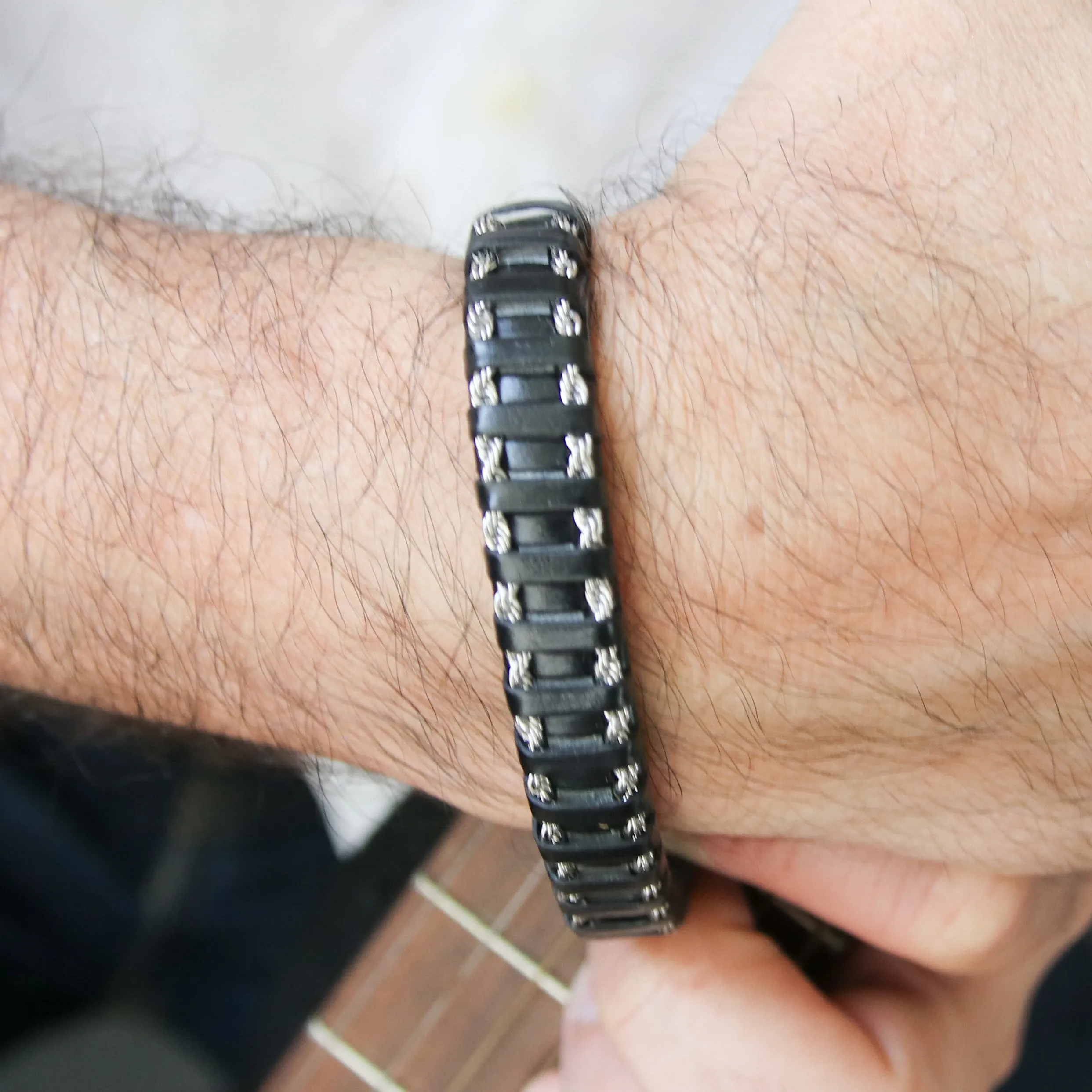 John Black Leather Stainless Steel Bracelet