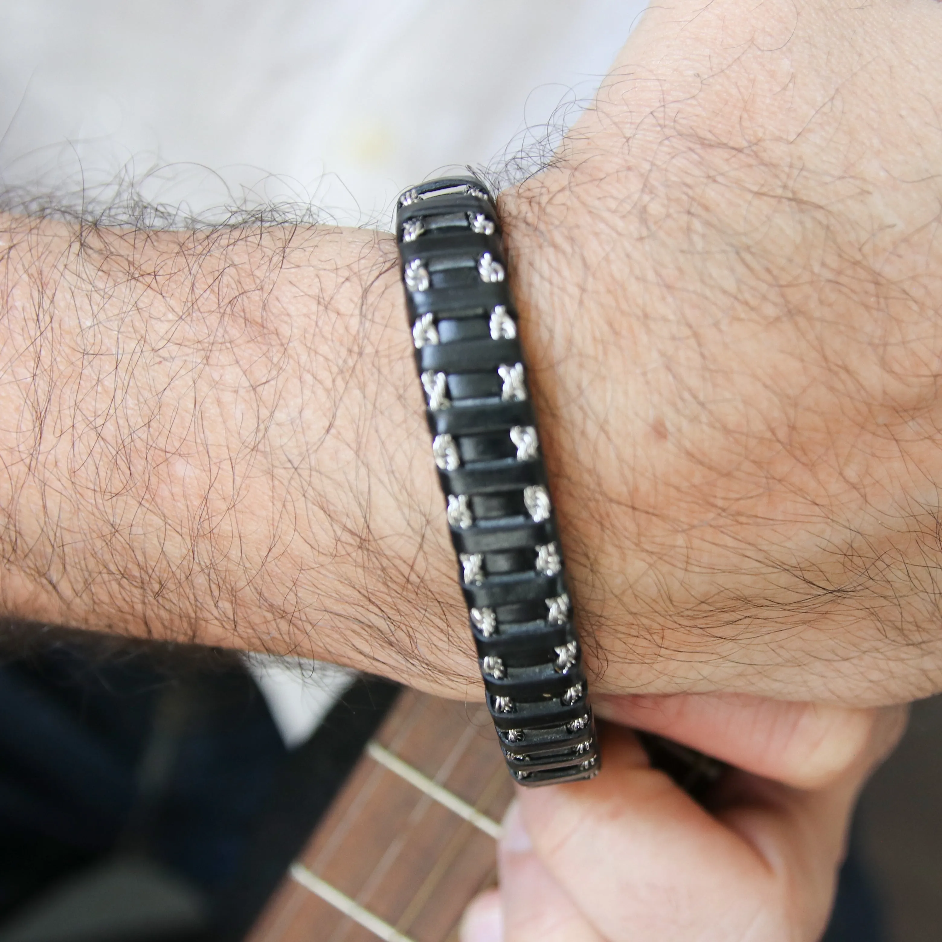 John Black Leather Stainless Steel Bracelet