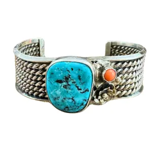 Julia Cadman Vintage Navajo Turquoise Coral Flower Roped SS Cuff Bracelet