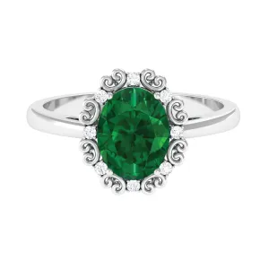 Lab Grown Emerald Vintage Style Engagement Ring with Diamond