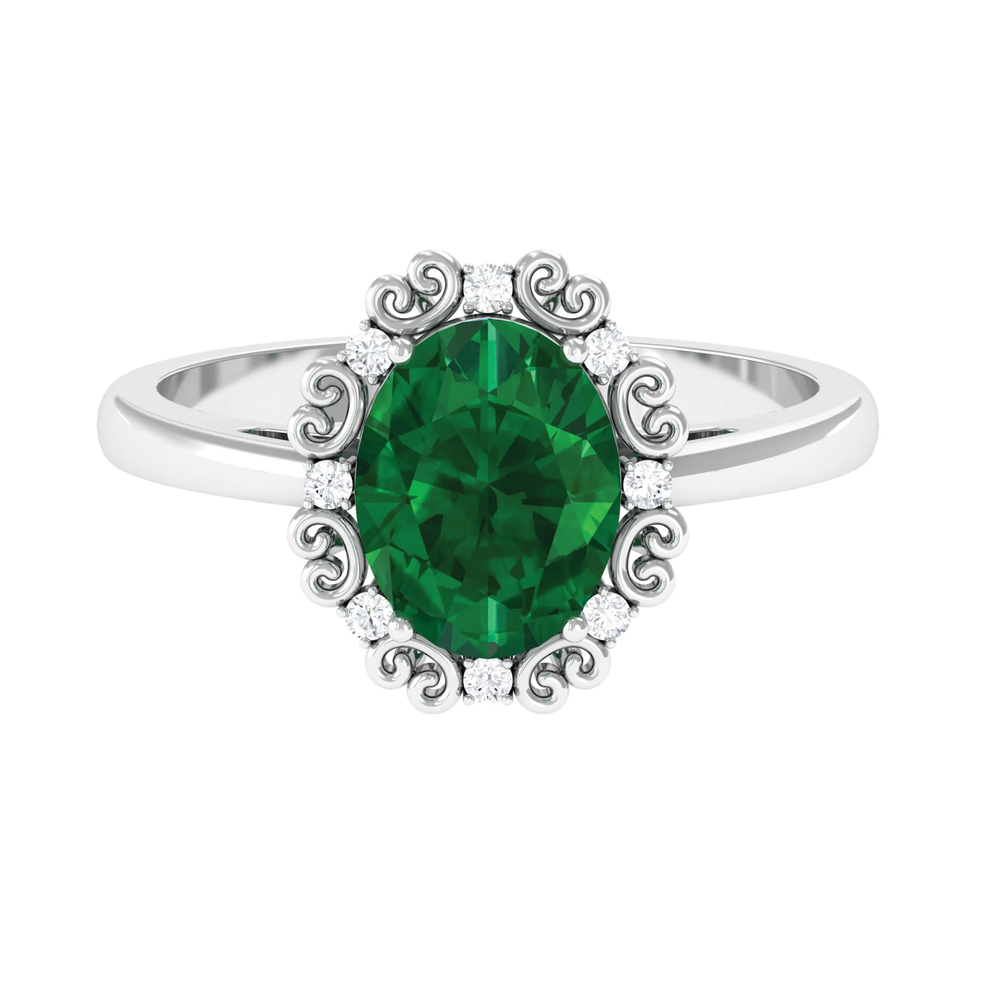 Lab Grown Emerald Vintage Style Engagement Ring with Diamond