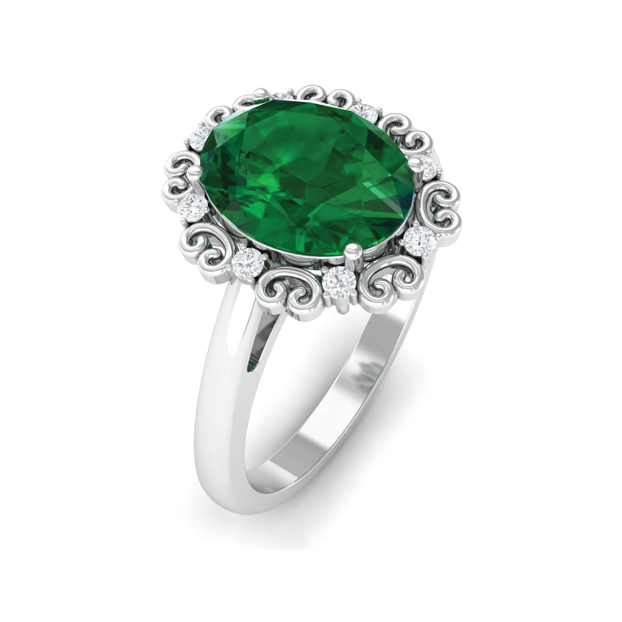 Lab Grown Emerald Vintage Style Engagement Ring with Diamond