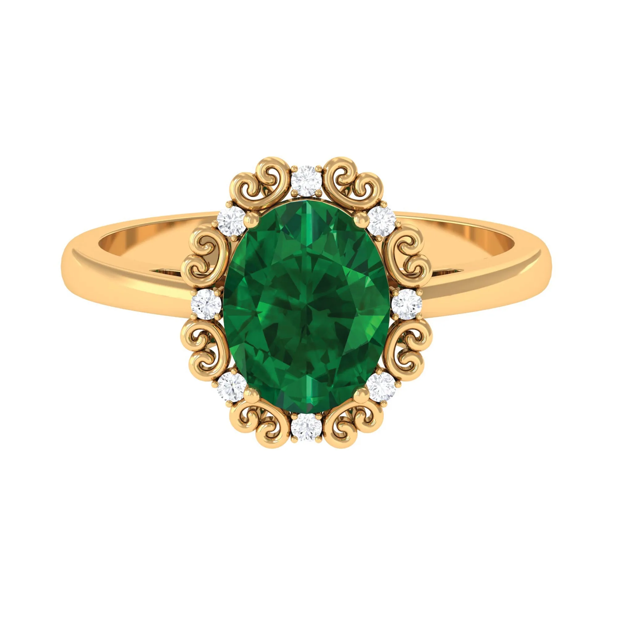 Lab Grown Emerald Vintage Style Engagement Ring with Diamond