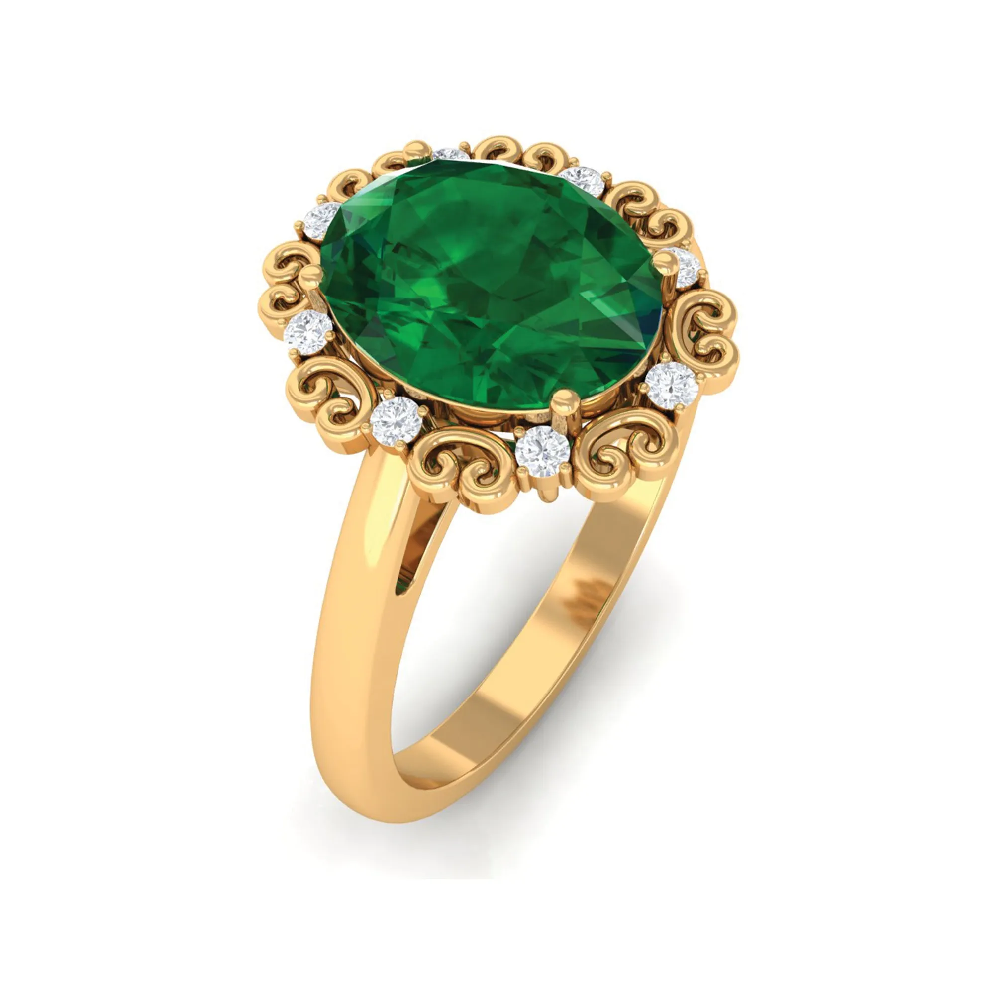 Lab Grown Emerald Vintage Style Engagement Ring with Diamond