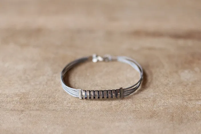 Long striped silver bar bracelet for men, gray cord, minimalist jewelry