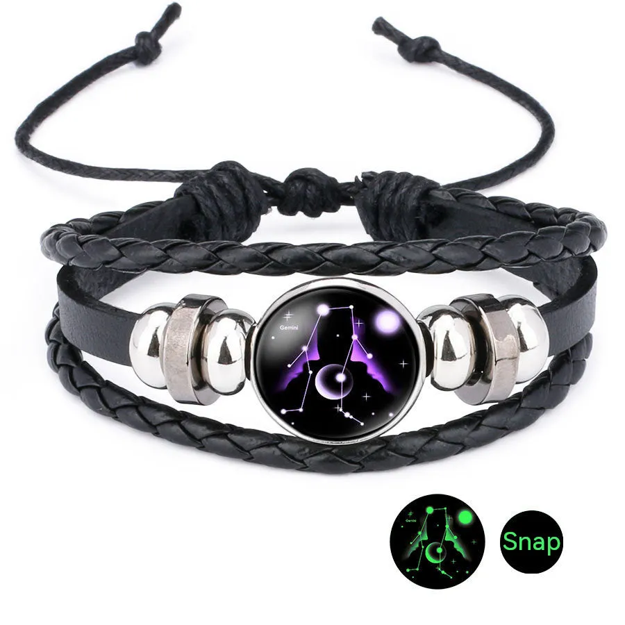 Luminous Twelve Constellation Time Stone Cowhide Beaded Bracelet